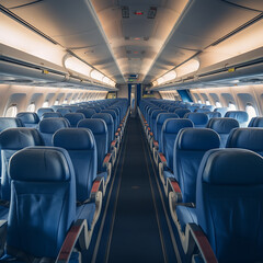 Interior of airplane with blue seats and white ceiling in blue tones