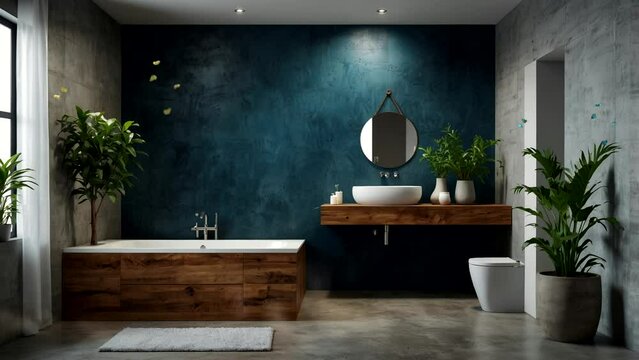 Front view on dark bathroom interior with bathtub, shower, grey walls, concrete floor, shelf with shampoo, stool with towels, liquid soap. 3d rendering