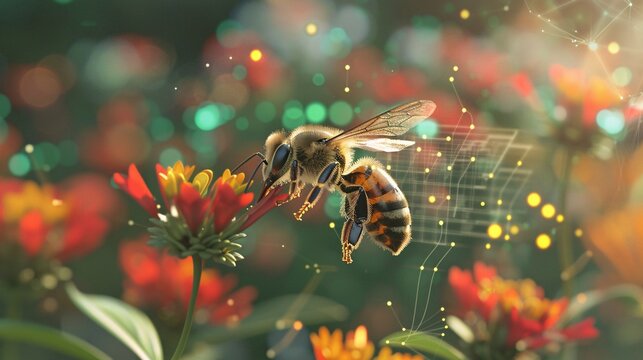 Connecting Nature and Technology - Bee Hovering Over Colorful Bloom with Digital Network Overlays - Powered by Adobe