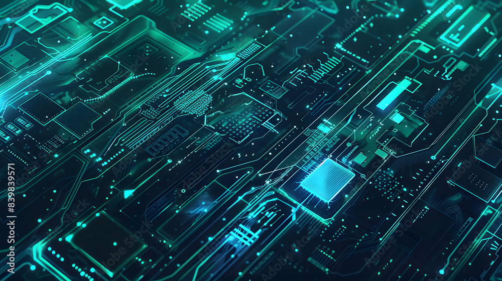 Poster abstract circuit board with glowing lines with copy space text for technology and science blogs