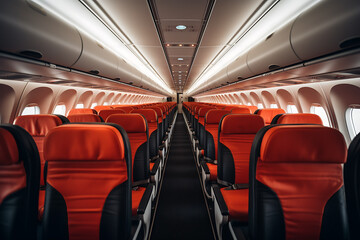 Interior of airplane with blue seats and white ceiling in blue tones
