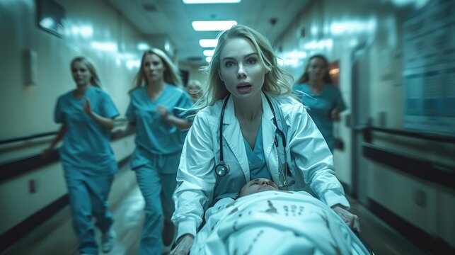 doctors and nurses running with an ambulance gurney across the hospital hallway towards the emergency room.