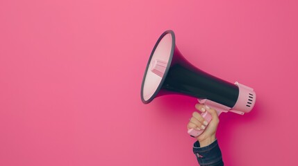Hand holding megaphone on pink background - Active communication, information spread, advertising, sales, marketing, public, message, presentation, speaker, event, news announcements - copyspace