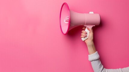 Hand holding megaphone on pink background - Active communication, information spread, advertising, sales, marketing, public, message, presentation, speaker, event, news announcements - copyspace
