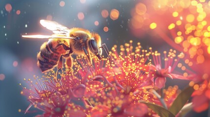 Bee collecting nectar from a bright flower with integrated digital nodes