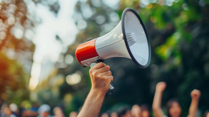 Hand holding megaphone in public - Active communication, information spread, advertising, sales, marketing, public, message, presentation, speaker, event, news announcements
