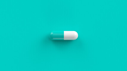 White turquoise single pill isolated on a turquoise background. Tablet, pill capsule top view, flat lay. 3d render illustration 