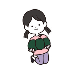 カボチャを持っているツインテールの髪をした小学生の女の子がジャンプをしているイラスト素材