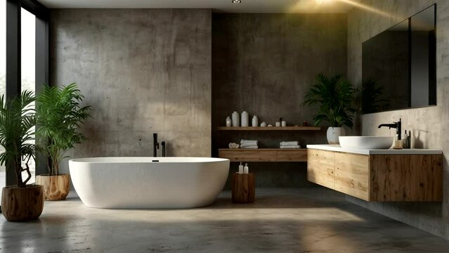 Modern minimalist bathroom interior, modern bathroom cabinet, white sink, wooden vanity, interior plants, bathroom accessories, bathtub and shower, white and blue walls, concrete floor.