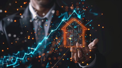 Real estate investment concept. Man touch virtual house icon for analyzing mortgage loan home and insurance real property mortgage. interest rate, Investment planning, business real estate 