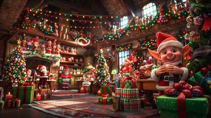 Santa's workshop filled with busy elves making toys and wrapping presents for Christmas 3D cartoon Generative AI