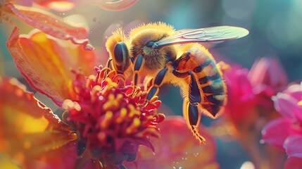 Detailed view of a bee on a vibrant flower with faint technology-inspired graphics