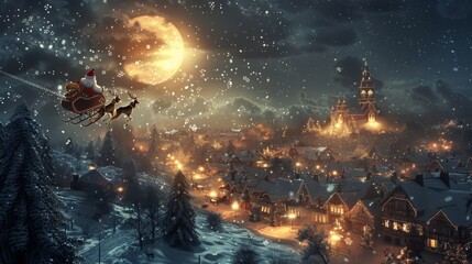 Fototapeta premium A magical night sky with Santa Claus and his reindeer flying over a town covered in snow 3D cartoon Generative AI