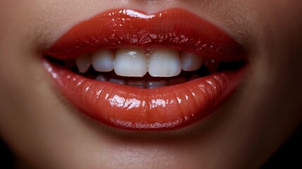 Obraz premium Close-up of glossy red lips and white teeth, showcasing a vibrant and attractive smile. Perfect for beauty, fashion, and cosmetic concepts.