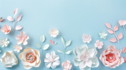 Photo of A border made from paper flowers on blue background, top view with copy space for text and pastel color palette