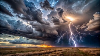 Fototapeta premium A dramatic stormy sky with dark clouds and lightning illuminating a deserted landscape, conveying a sense of ominous foreboding and turbulent atmosphere.