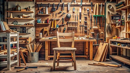 A cluttered wooden workshop backdrop features scattered tools, screws, and chair parts, with a partially assembled chair standing on a workbench awaiting completion.