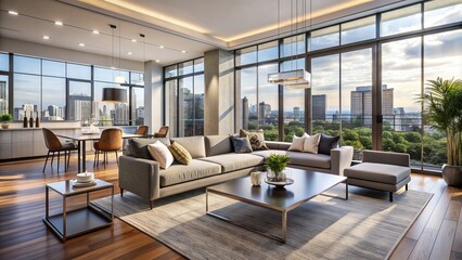 A beautifully staged modern open-plan living room with large windows, sleek furniture, and a mls listing sheet on a sleek coffee table.