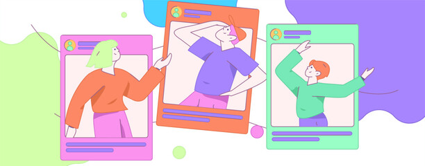 Virtual characters social communication concept business flat vector hand drawn illustration
