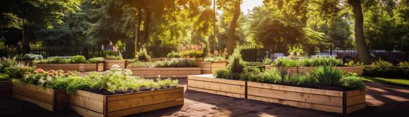 A garden with many plants in wooden boxes. The plants are green and healthy. The garden is well-maintained and has a peaceful atmosphere