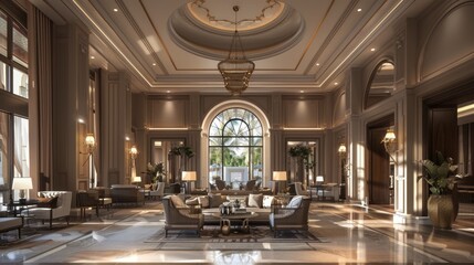 Obraz premium Elegant Luxury in Hotel Lobby with High Ceilings and Comfortable Seating Area