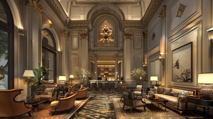 Elegant Luxury in a Hotel Lobby: A Sophisticated Haven with Intricate Details and Comfortable Seating