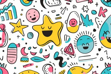 Cartoon cute doodles of cheerful patterns with geometric shapes and happy characters, Generative AI