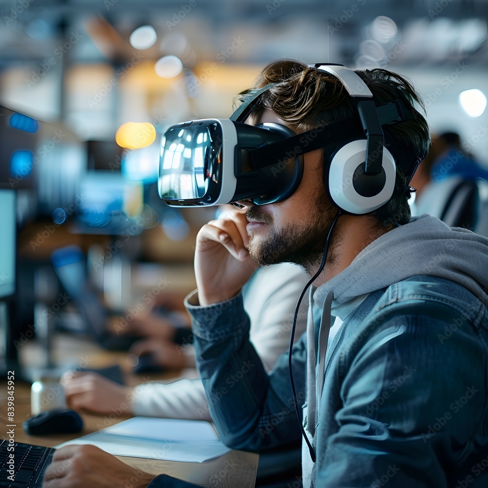 Poster professional using virtual reality headset to simulate network setup and communication in business t