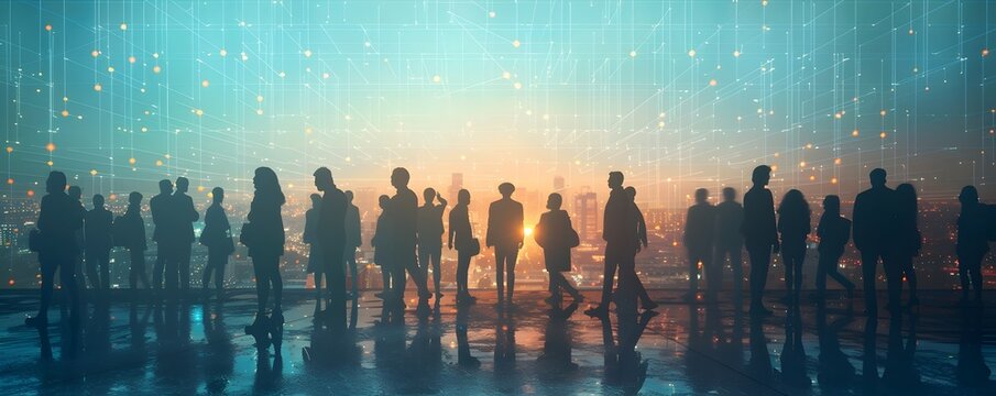 Corporate Leaders Silhouettes Networking at Digital Communication Retreat Sunset Backdrop
