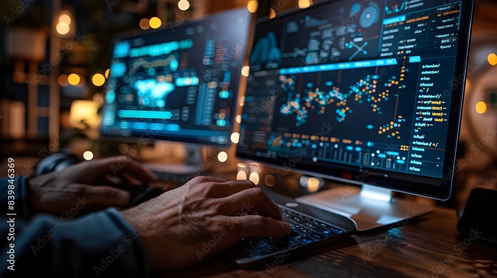 Poster close up of hands coding on dual monitor laptop with network data visualization in business environm