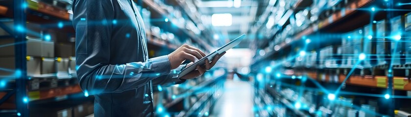 Team Using Digital Tablets to Manage Logistics in Smart Warehouse for Efficient Business