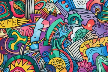 Obraz premium Cartoon cute doodles of colorful lines and shapes forming a lively scene, Generative AI