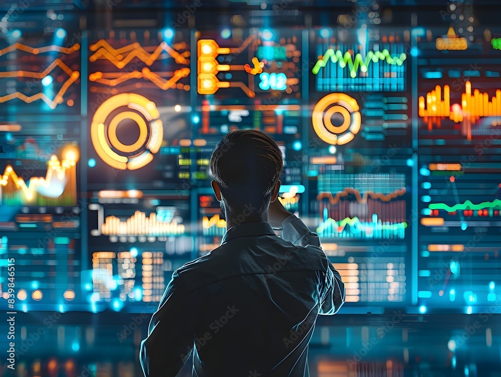 Poster data scientist analyzing network performance metrics on futuristic ui for business communication and