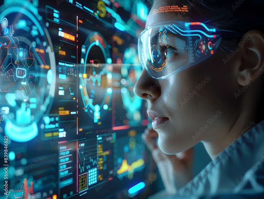 Poster data scientist analyzing network performance metrics on futuristic ui for digital communication and 