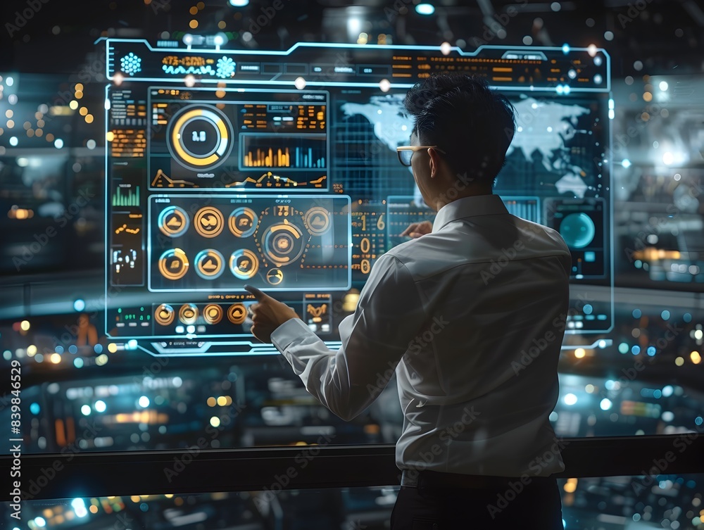 Poster data scientist analyzing network performance metrics on futuristic digital communication ui