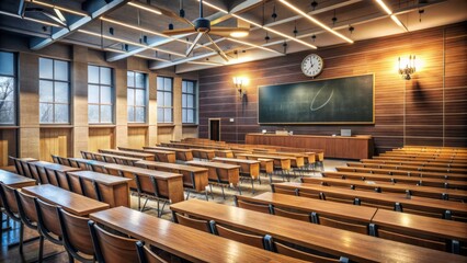 Empty desks and chairs fill a dimly lit lecture hall with a blackboard covered in mathematical equations and a clock ticking away on the wall.