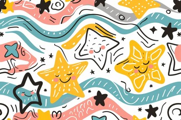 Cartoon cute doodles of funky patterns with smiling stars and wavy lines, Generative AI