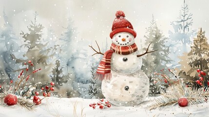 Fototapeta premium Watercolor depiction of a cheerful snowman with a hat and scarf isolated on a white background surrounded by winter forest elements Isolated white background surrounded Generative AI