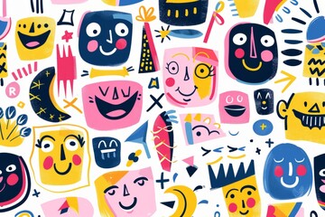 Obraz premium Cartoon cute doodles of playful patterns with happy faces and geometric shapes, Generative AI