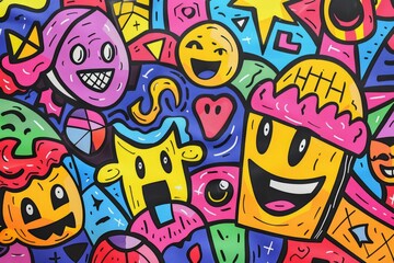 Cartoon cute doodles of vibrant patterns with geometric shapes and smiling characters, Generative AI