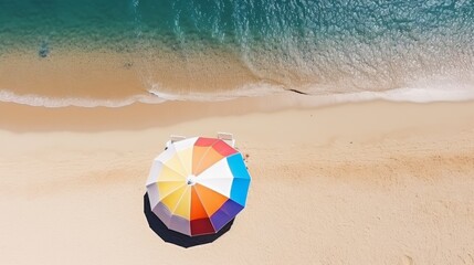 A colorful umbrella is on the beach, with people in the background. Scene is cheerful and lively, as the umbrella and people are enjoying their time at the beach