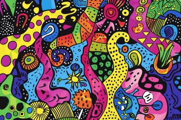 Obraz premium Cartoon cute doodles of vibrant squiggles and dots forming a whimsical scene, Generative AI
