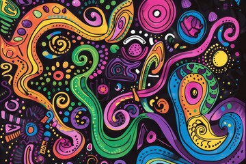 Fototapeta premium Cartoon cute doodles of vibrant squiggles and dots forming a whimsical scene, Generative AI