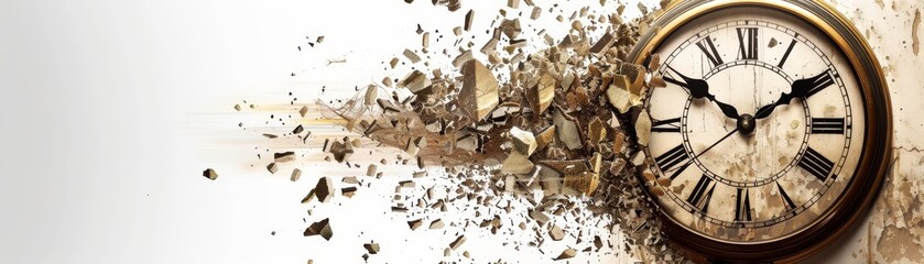 A clock that is broken and has roman numerals on it. The clock is in the middle of a pile of debris