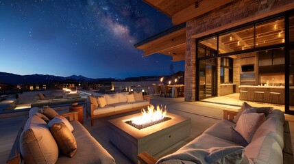 Fototapeta premium Serene Night Sky Retreat: Luxurious Outdoor Patio with Fire Pit and Cozy Seating for Socializing Under the Stars