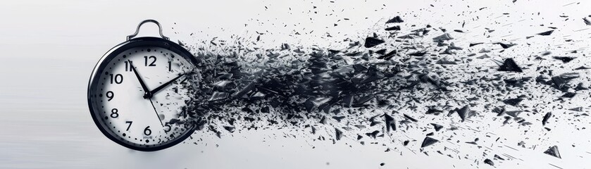 A clock that is broken and has roman numerals on it. The clock is in the middle of a pile of debris