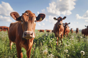 Fototapeta premium Brown color cows in the field. Dairy or cattle livestock concept