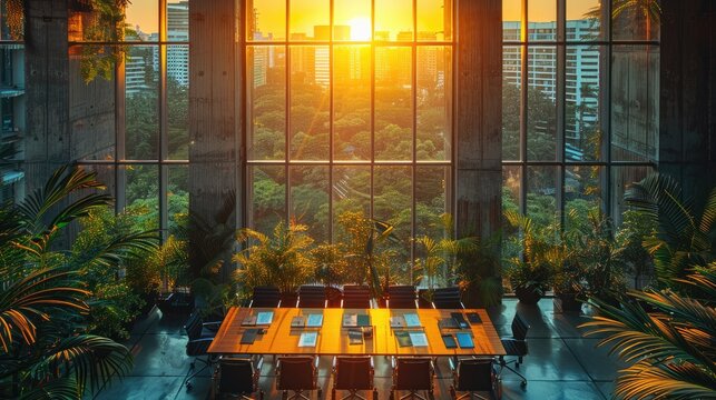 Empty Working Desk In Meeting Room In Office. The Scene Is Captured From Above With Natural Light Streaming Through Large Windows