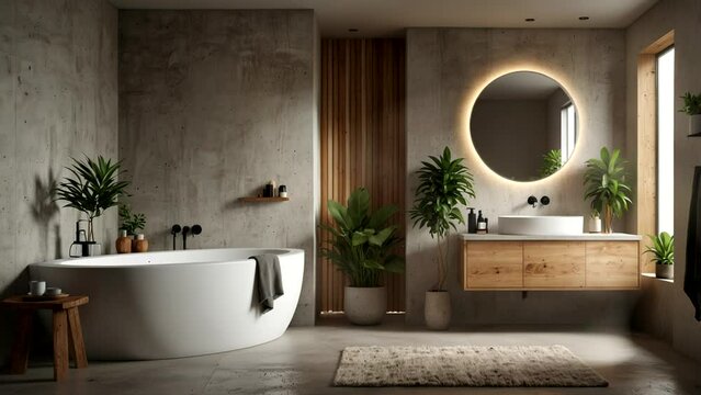 Modern minimalist bathroom interior, modern bathroom cabinet, white sink, wooden vanity, interior plants, bathroom accessories, bathtub and shower, white and blue walls, concrete floor.