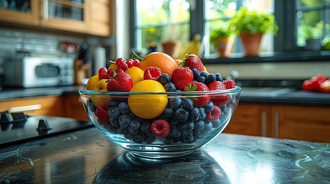 Close-up of a kitchen with a bowl of colorful fruits on the counter.